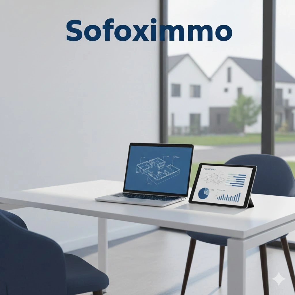 A modern real estate dashboard showing property analytics and 3D floor plans.