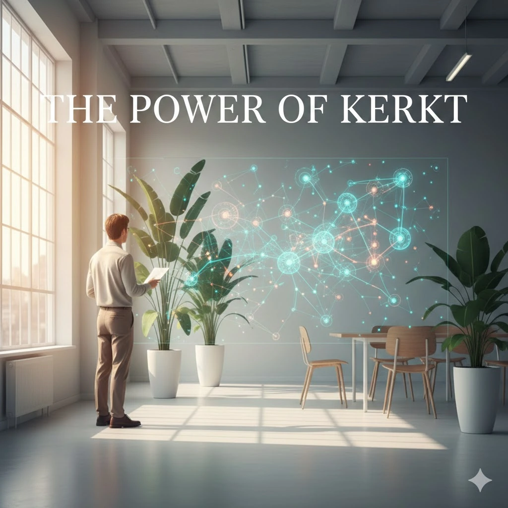 A visual representation of Kerkt showing interconnected nodes of creativity and a person in a mindful, focused state.