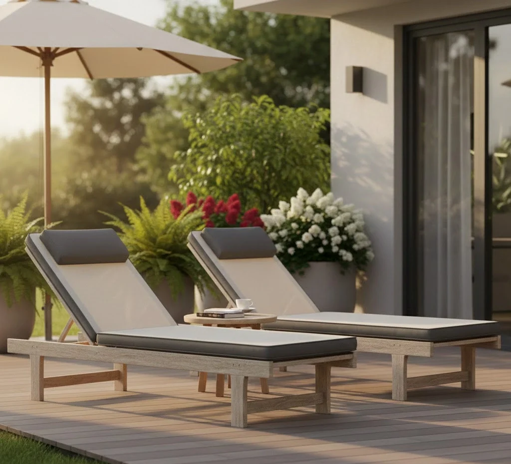 Tumbons outdoor lounge chairs on sunny patio with cushions, plants, and relaxing backyard ambiance for ultimate comfort